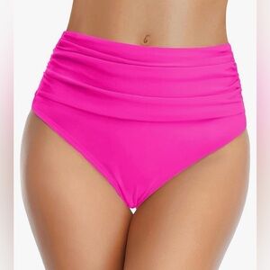 Women's High Waisted Bikini Bottom. Ruched. Tummy Control, Pink, Size XL NWOT